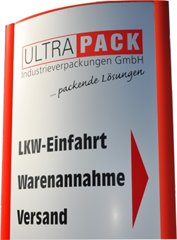 Ultrapack Pylon mit Hinweis auf LKW-Einfahrt, Warenannahme und Versand